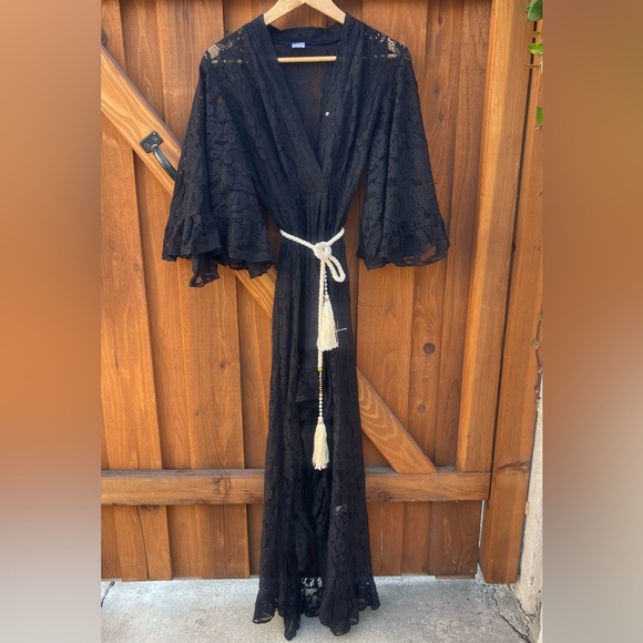 VENUS Other - Venus Black Lace Kimono Swim Coverup Maxi Dress Bell Sleeve Boho Bohemian Goth 4